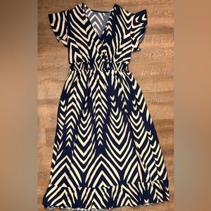 Navy Tan Chevron Zebra Midi Spring Summer Dress V-neck Flutter Short Sleeve Sz L